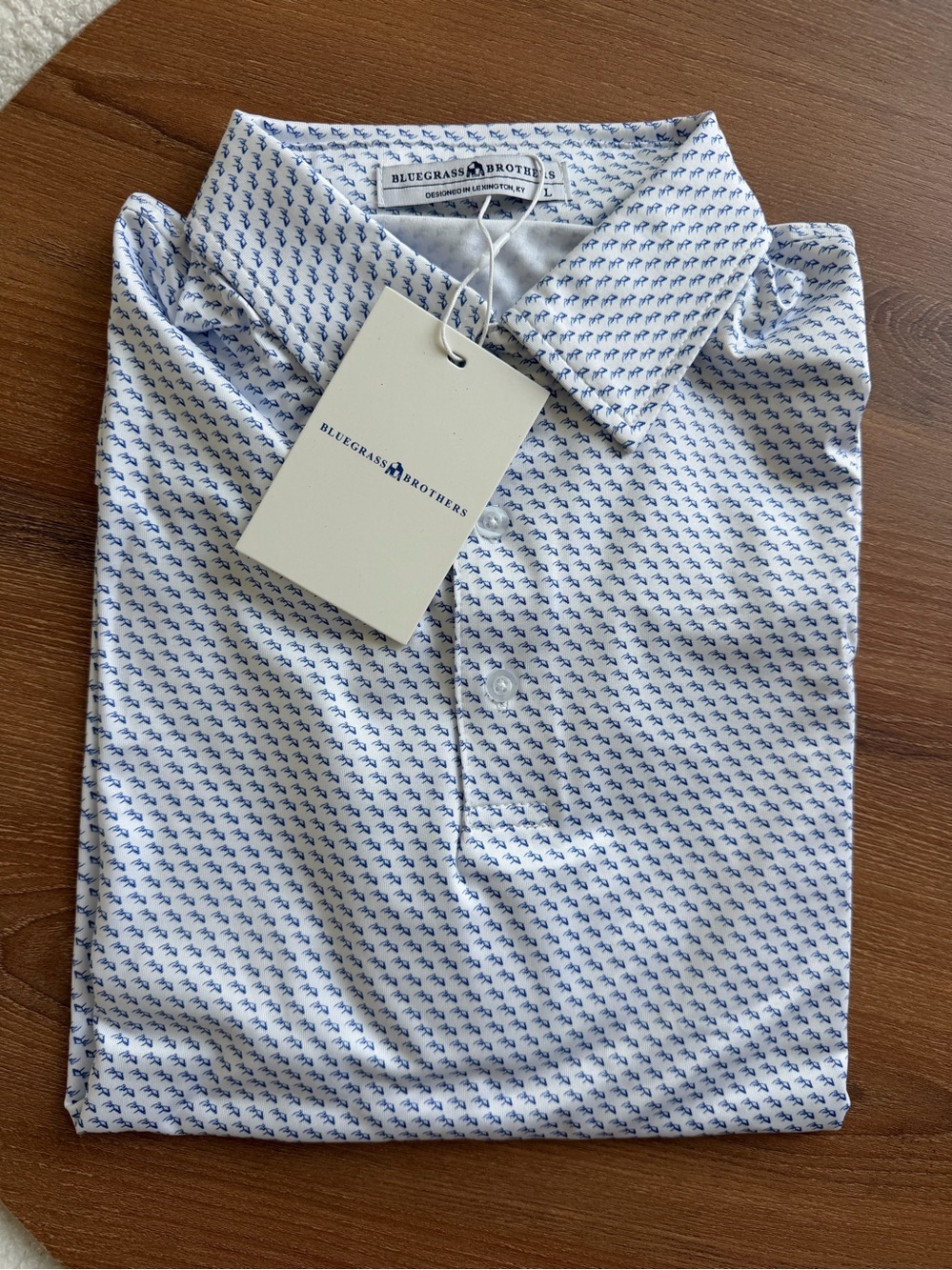 Bluegrass Brothers Golf Polo Shirt Large NWT White Blue Horse Print